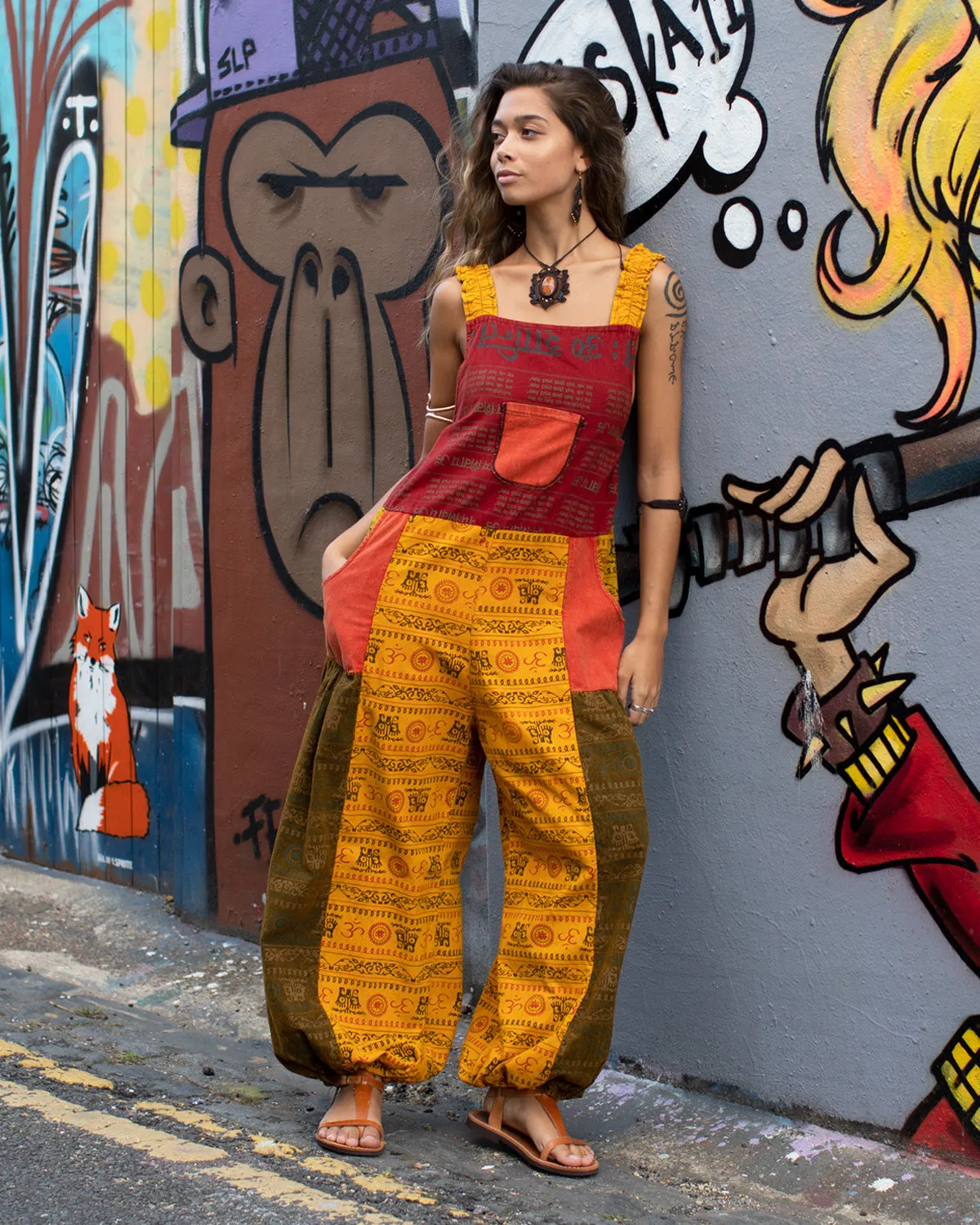 Patchwork Ohm Mandala Dungarees Red/Yellow