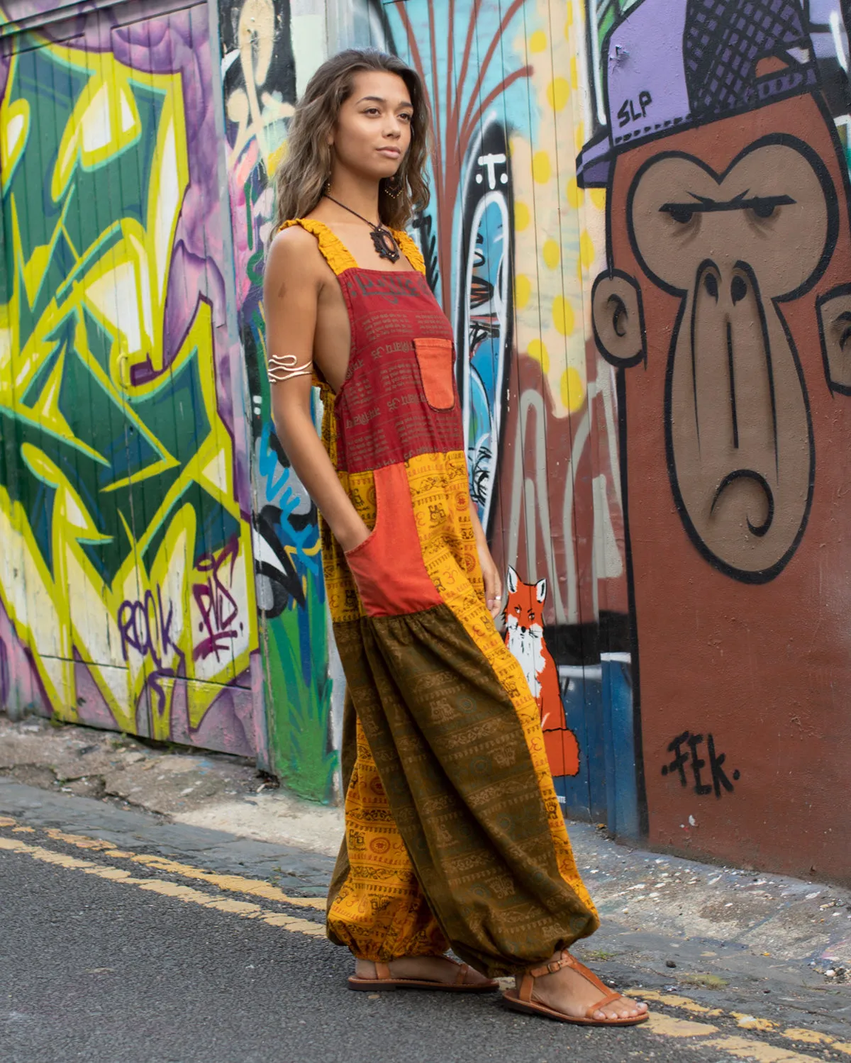 Patchwork Ohm Mandala Dungarees Red/Yellow