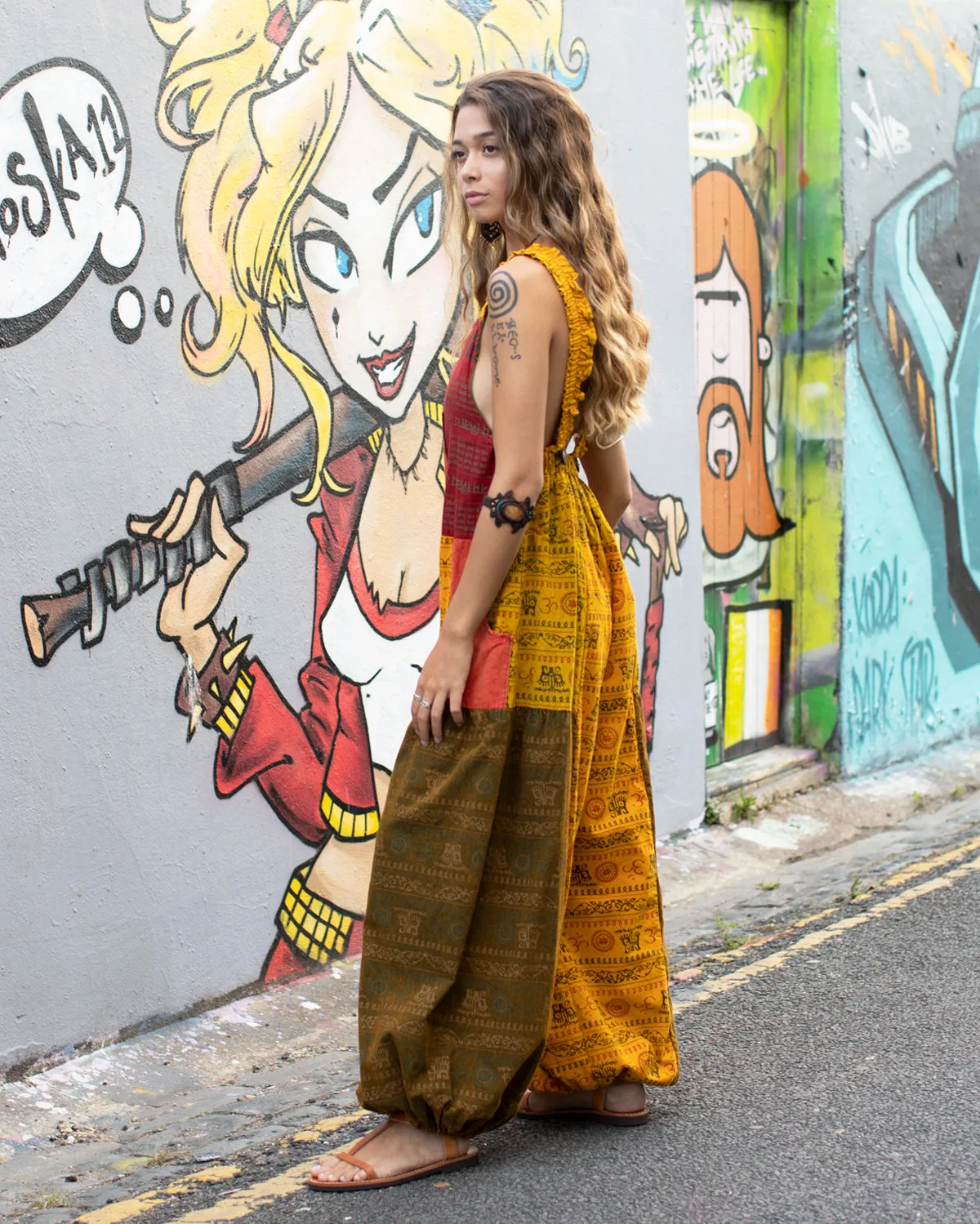 Patchwork Ohm Mandala Dungarees Red/Yellow