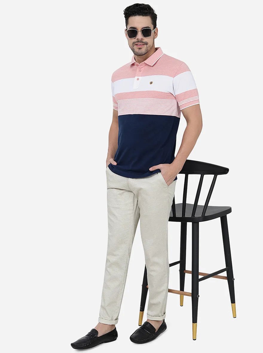 Peach & Navy Blue Striped Slim Fit Polo T-Shirt | JadeBlue