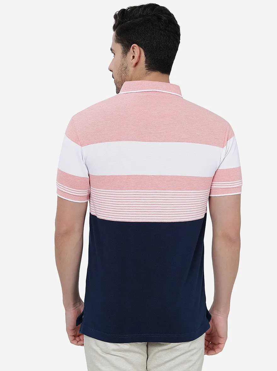 Peach & Navy Blue Striped Slim Fit Polo T-Shirt | JadeBlue