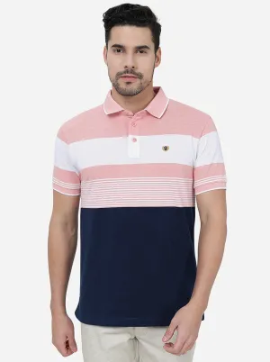 Peach & Navy Blue Striped Slim Fit Polo T-Shirt | JadeBlue