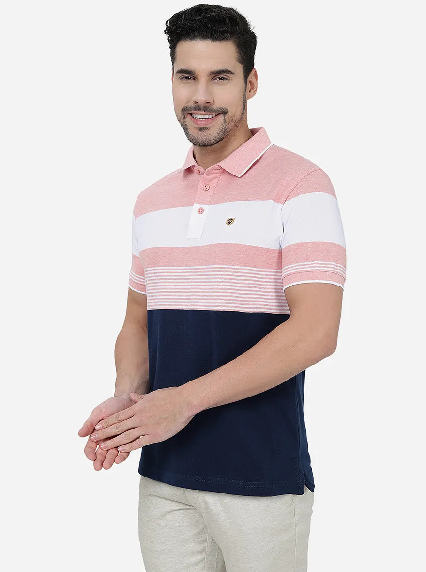 Peach & Navy Blue Striped Slim Fit Polo T-Shirt | JadeBlue