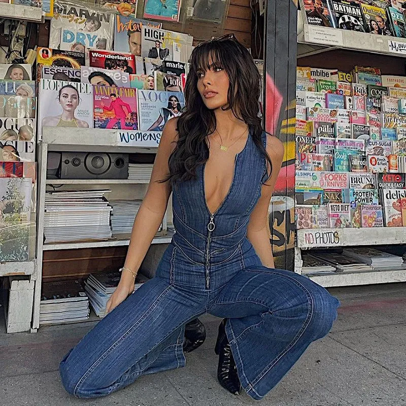 retro style high waist washed denim jumpsuit