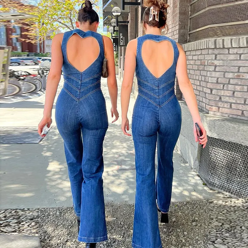 retro style high waist washed denim jumpsuit