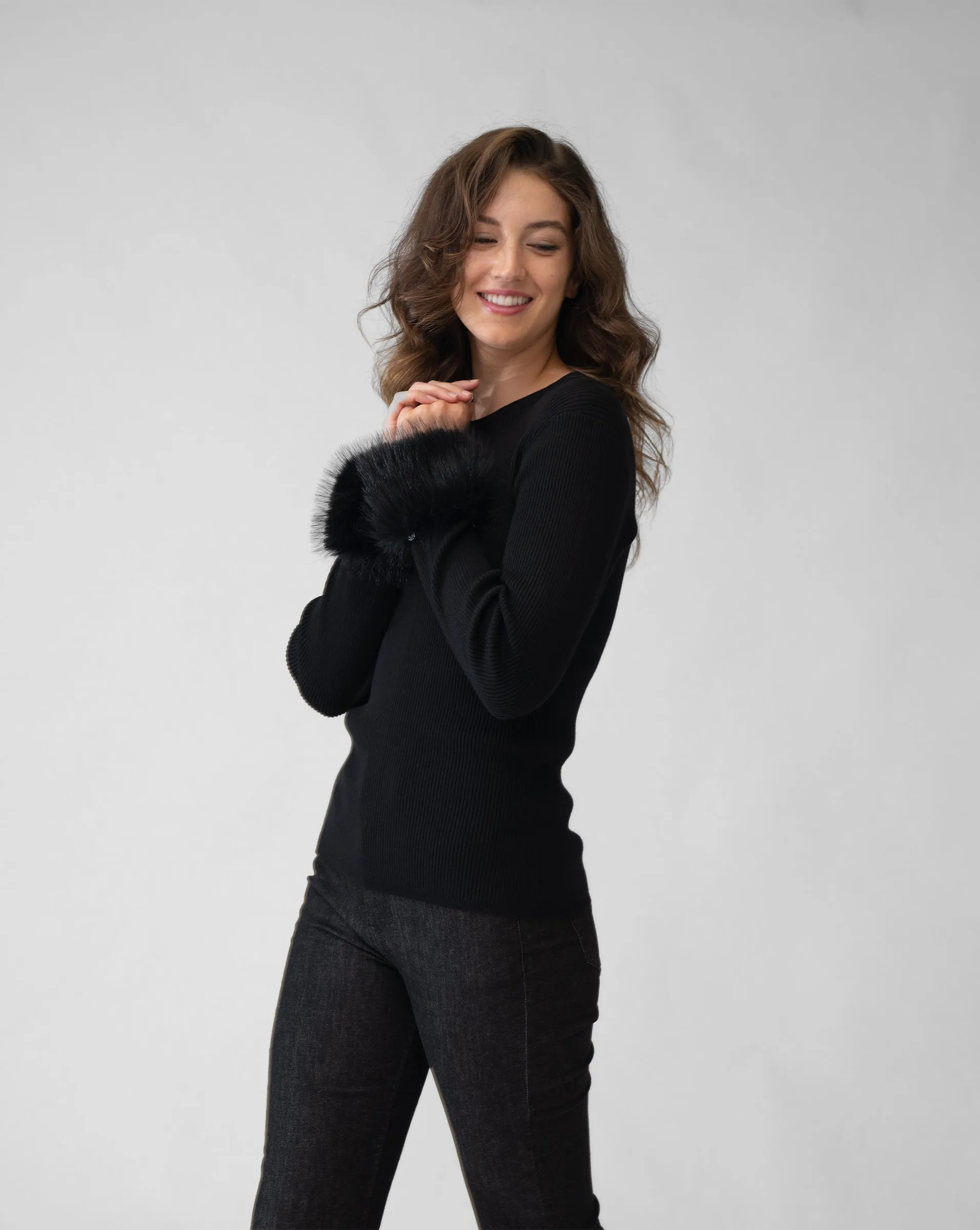 Ribbed Crew Neck Sweater with Faux Fur Cuff