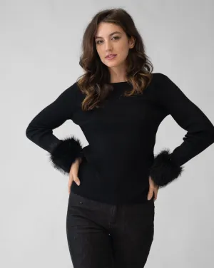 Ribbed Crew Neck Sweater with Faux Fur Cuff