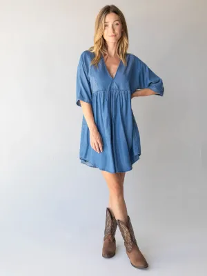 Stella V-Neck Mini Dress - Denim Blue