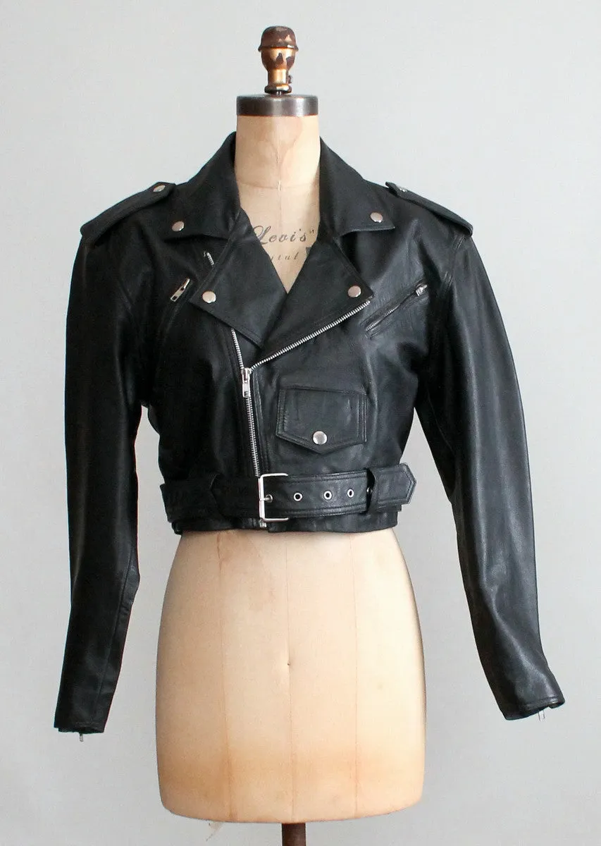 Vintage Black Leather Cropped Biker Jacket