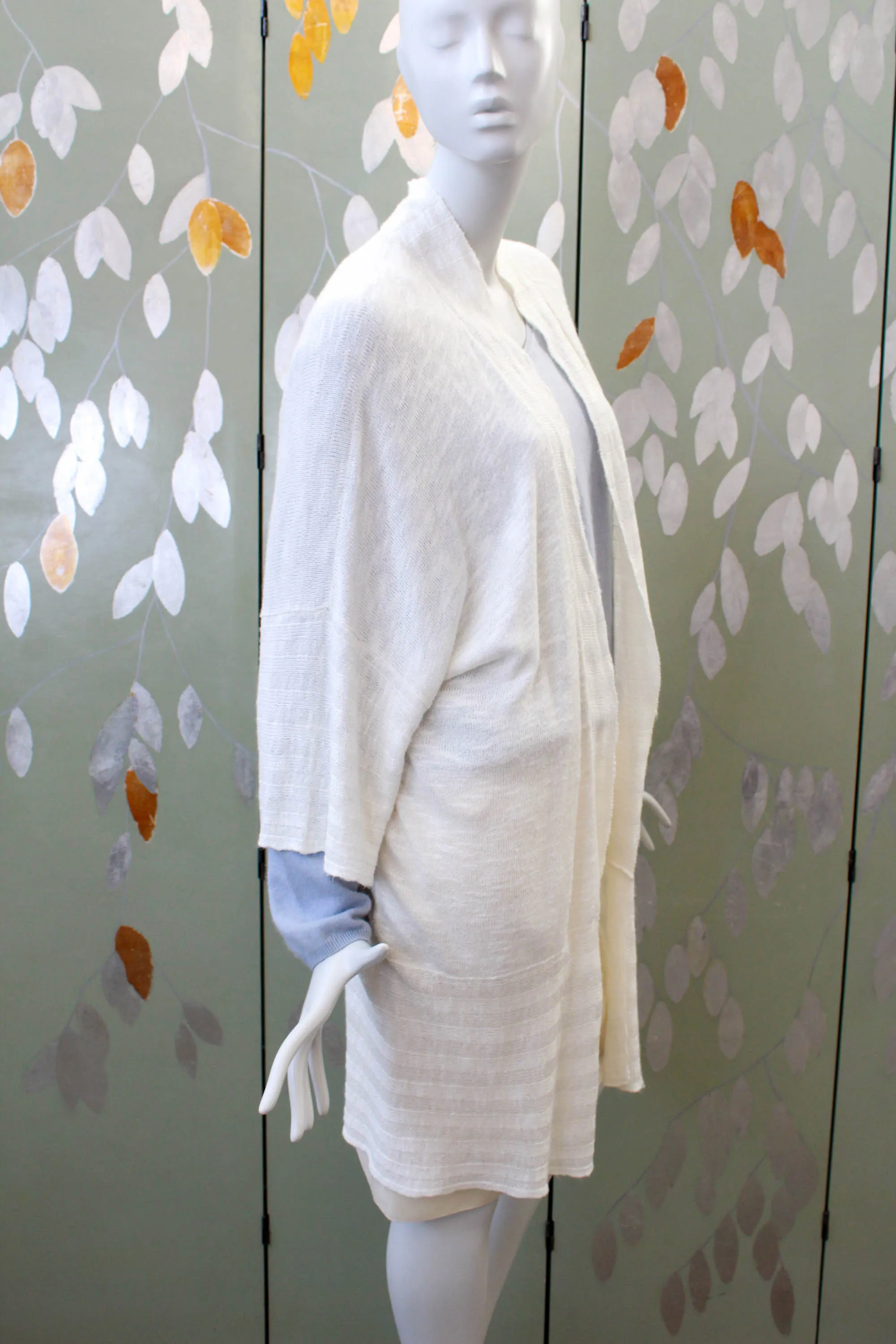 White Knit Eskandar Long Linen Cardigan, O/S