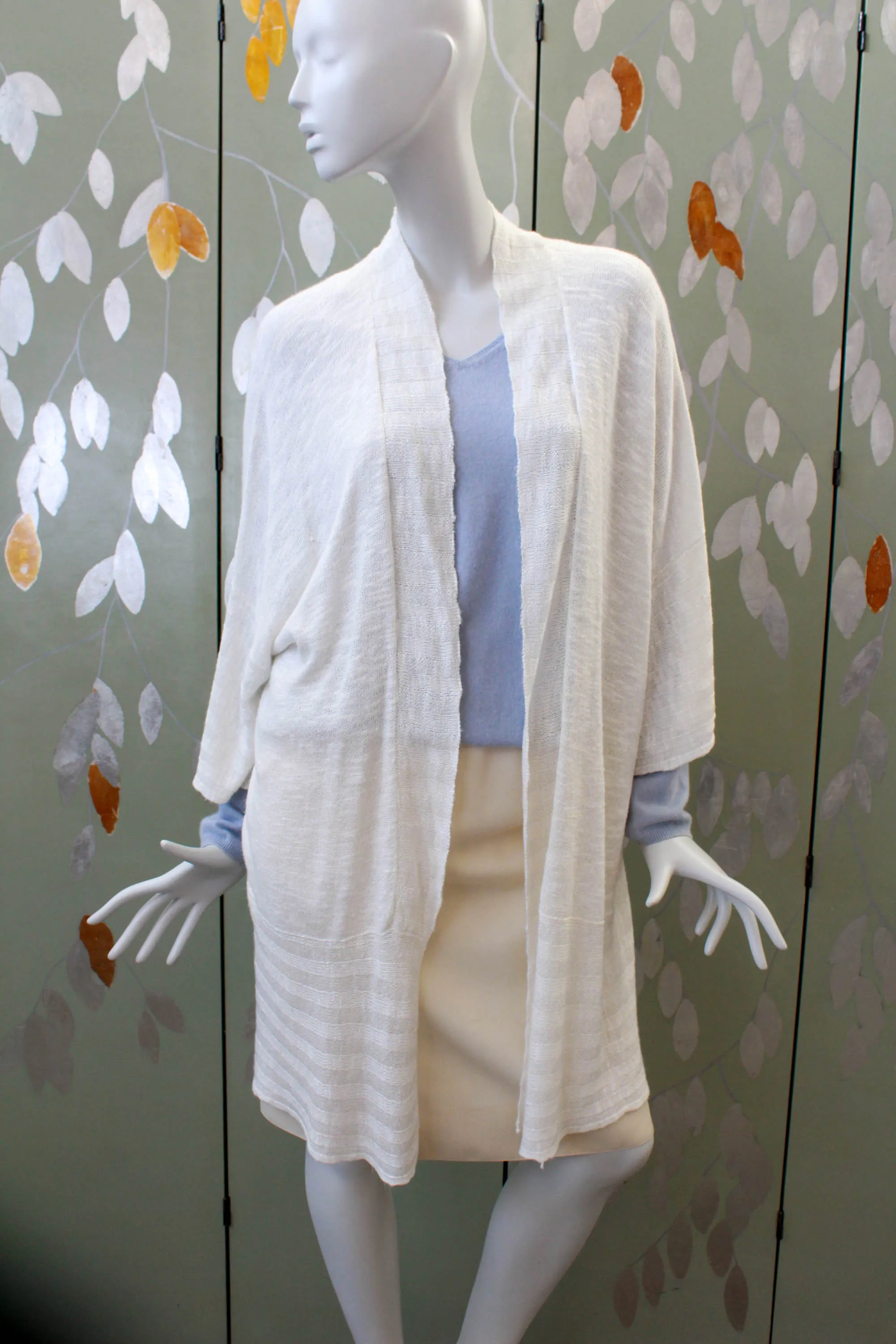 White Knit Eskandar Long Linen Cardigan, O/S