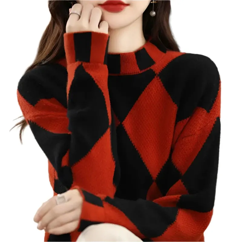 Women's Lattice Sweater - Half High Neck, Long Sleeve, Versatile Commuter Style, Autumn Winter Fashion