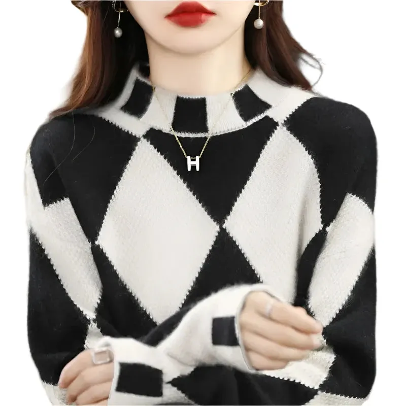 Women's Lattice Sweater - Half High Neck, Long Sleeve, Versatile Commuter Style, Autumn Winter Fashion