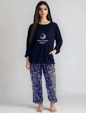 Women's Night Suit Full Sleeve Sleeve (Navy Flower)