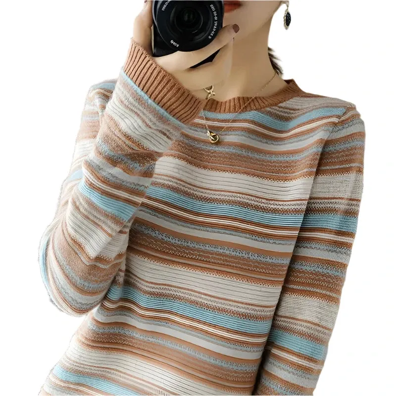 Women's Rainbow Stripe Knit Sweater - Loose Fit Round Neck Pullover, Korean Style Knitwear, Autumn Winter Large Size 4XL