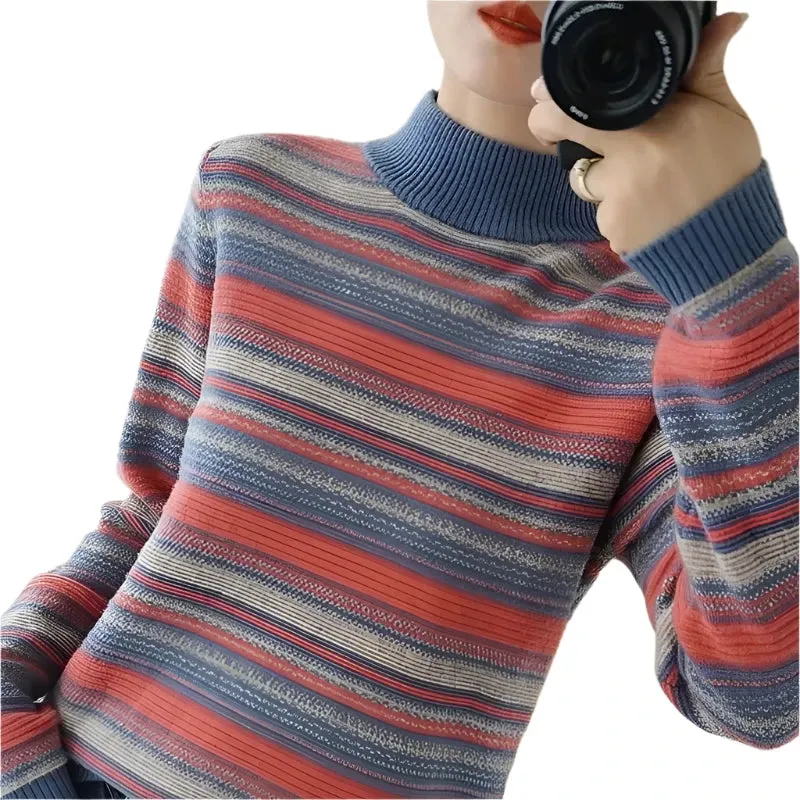 Women's Rainbow Stripe Knit Sweater - Loose Fit Round Neck Pullover, Korean Style Knitwear, Autumn Winter Large Size 4XL