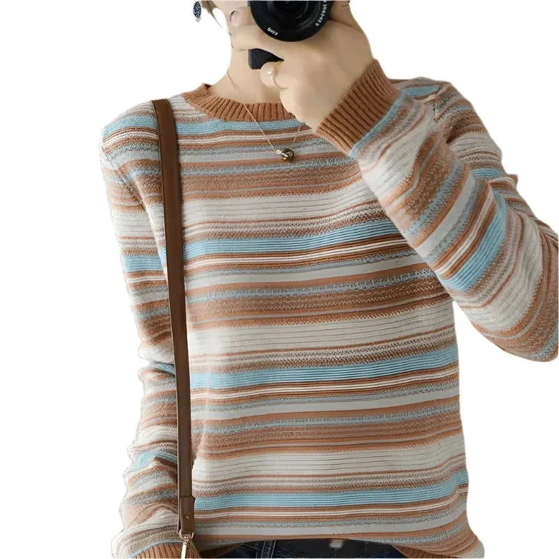 Women's Rainbow Stripe Knit Sweater - Loose Fit Round Neck Pullover, Korean Style Knitwear, Autumn Winter Large Size 4XL