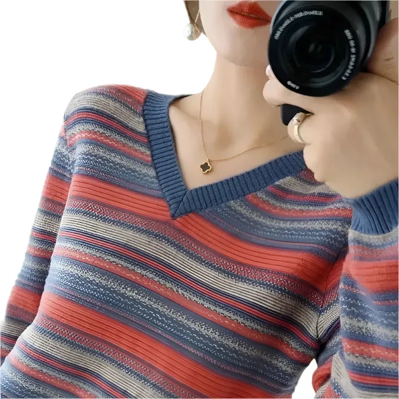 Women's Rainbow Stripe Knit Sweater - Loose Fit Round Neck Pullover, Korean Style Knitwear, Autumn Winter Large Size 4XL