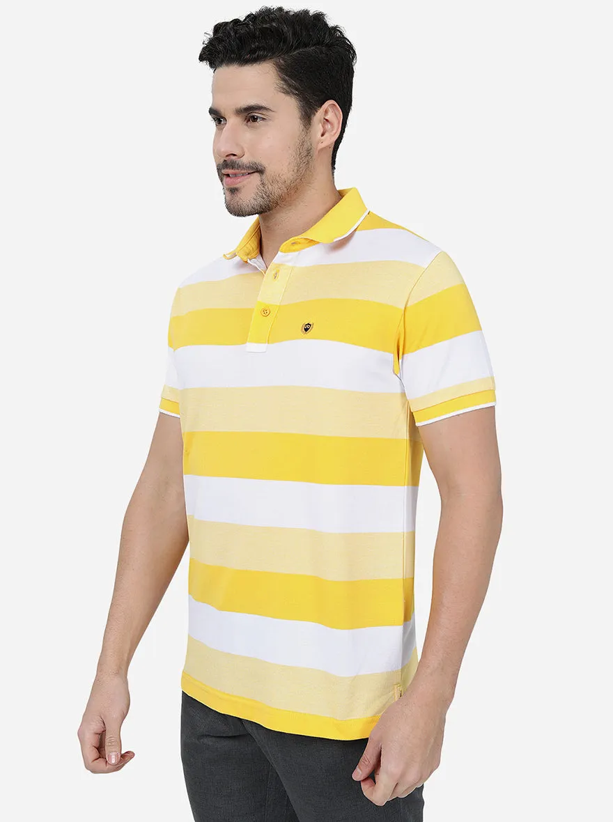 Yellow & White Striped Slim Fit Polo T-Shirt | JadeBlue