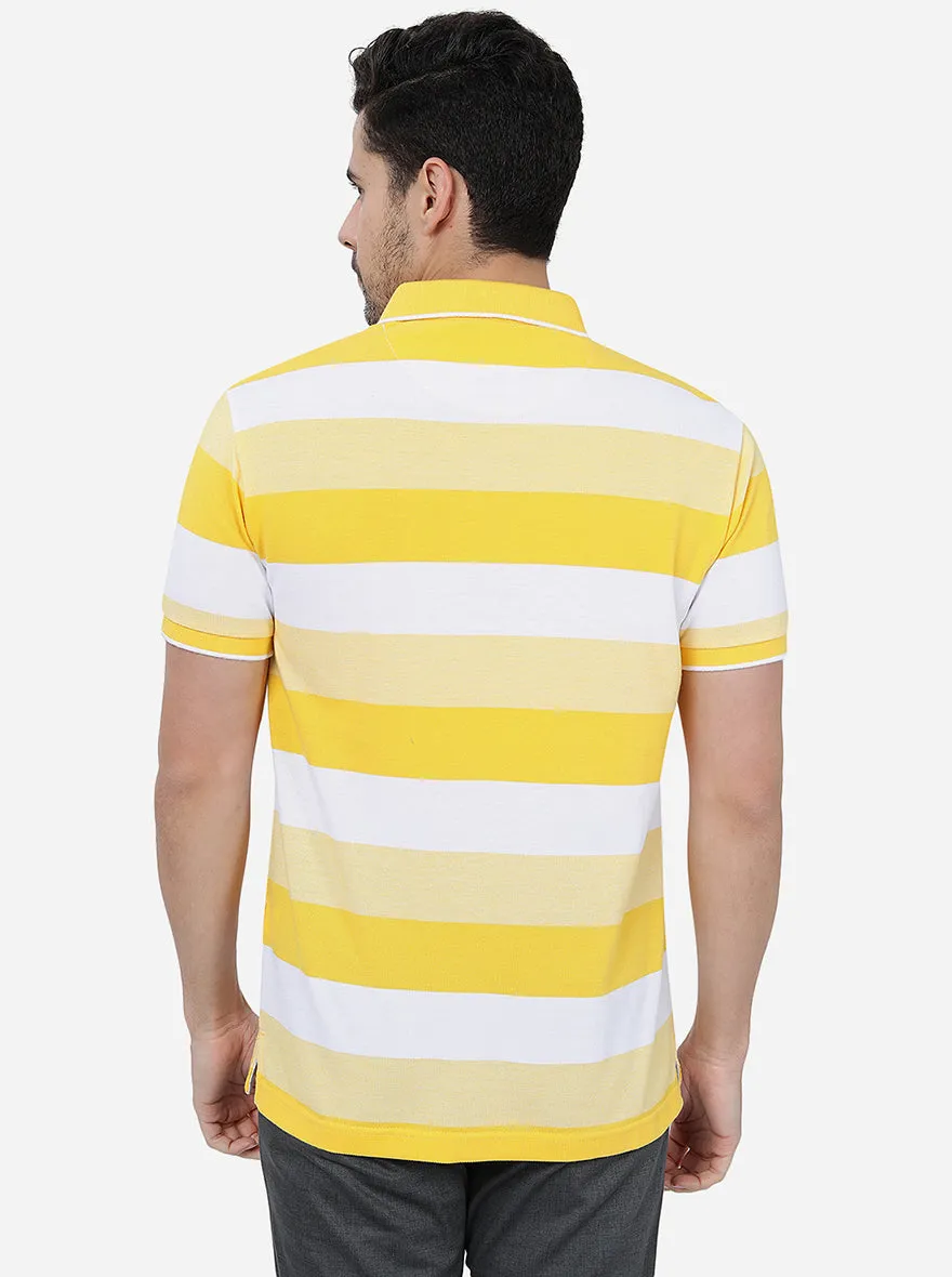 Yellow & White Striped Slim Fit Polo T-Shirt | JadeBlue