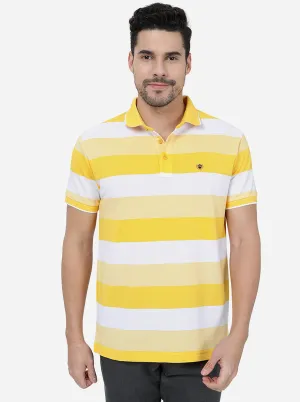 Yellow & White Striped Slim Fit Polo T-Shirt | JadeBlue