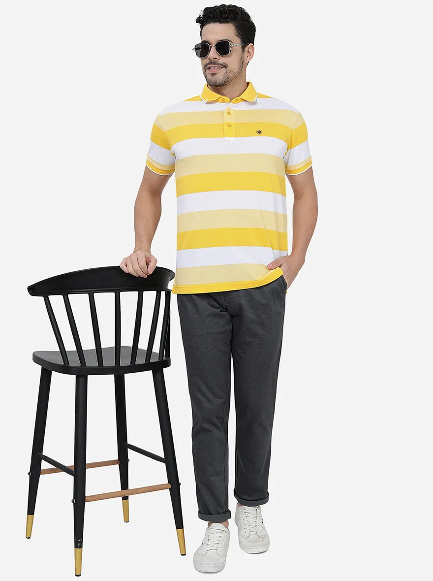 Yellow & White Striped Slim Fit Polo T-Shirt | JadeBlue