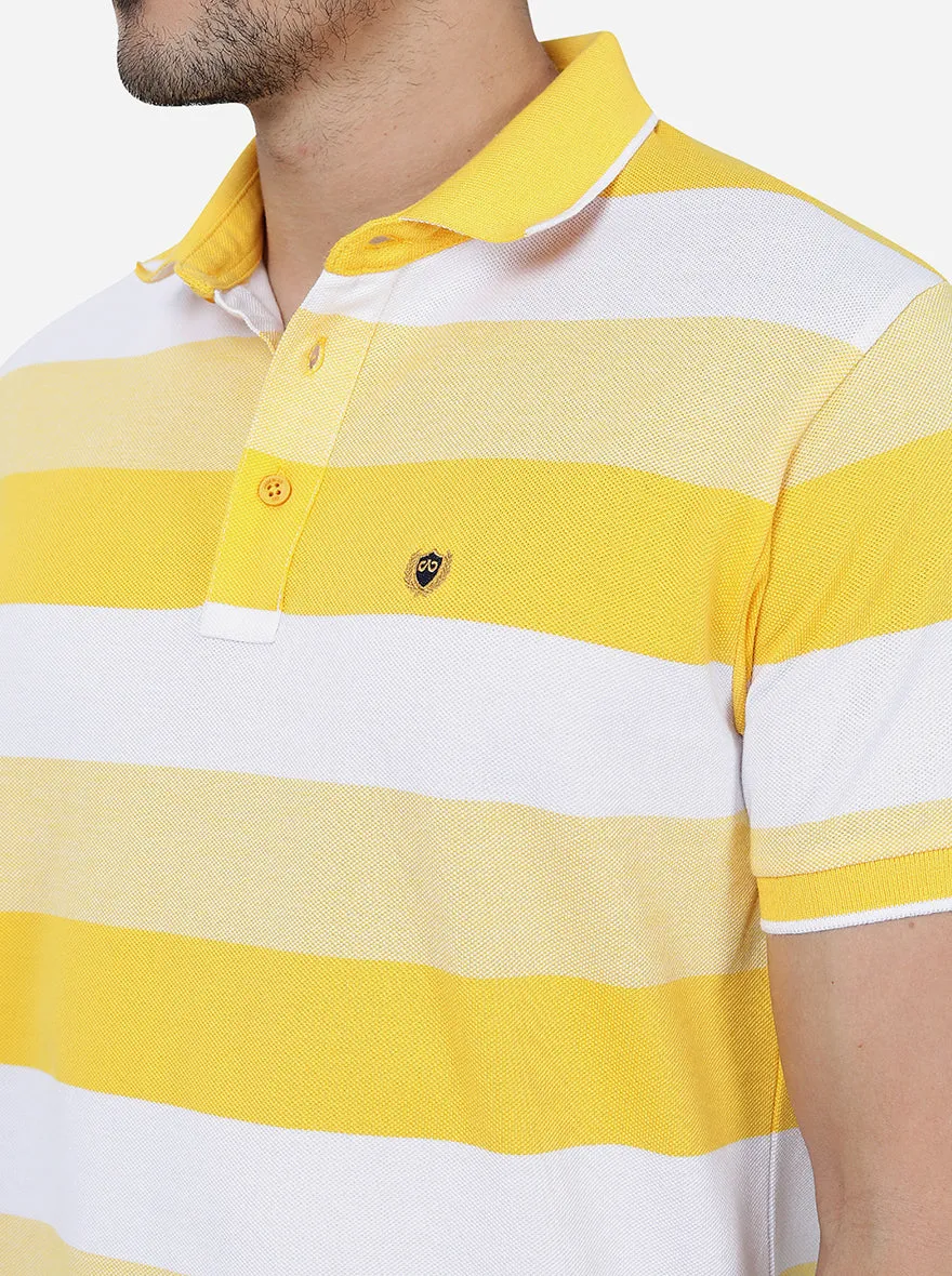 Yellow & White Striped Slim Fit Polo T-Shirt | JadeBlue