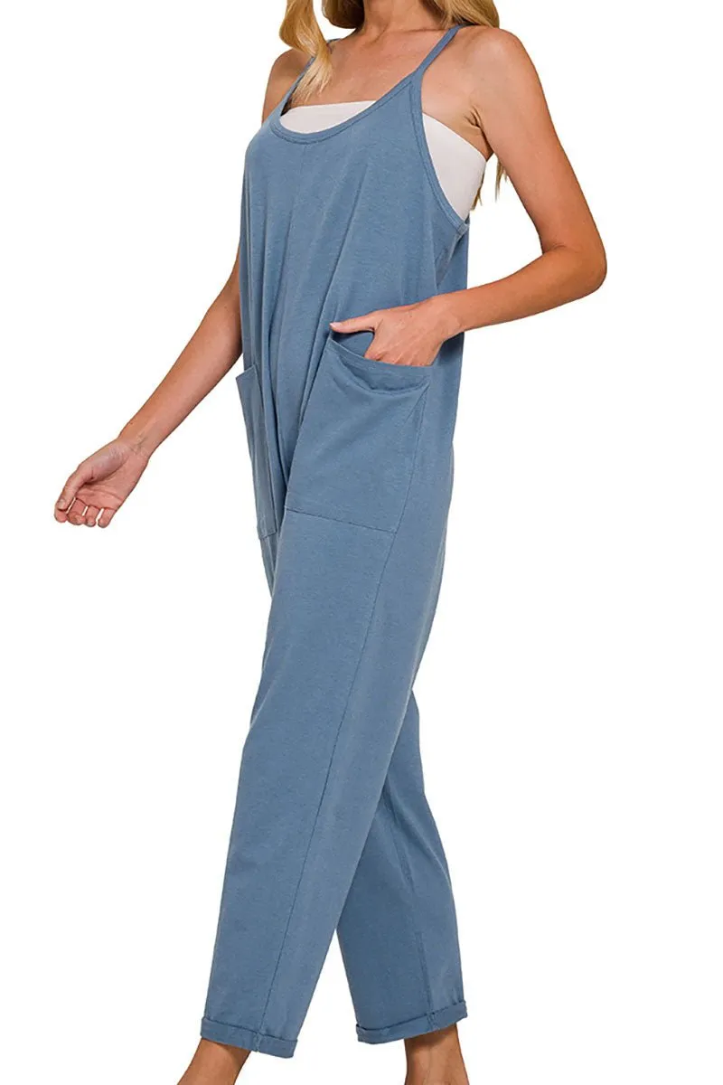 Zenana The Fun Side Dusty Blue Spaghetti Strap Pocket Jumpsuit