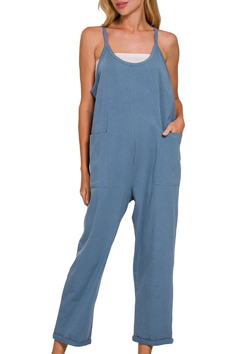 Zenana The Fun Side Dusty Blue Spaghetti Strap Pocket Jumpsuit